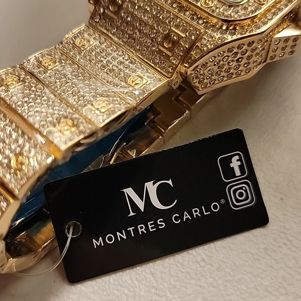 Men’s Gold Tone Iced Out Pavé MC Montres Carlo Bling Watch – Roman Numerals 45mm